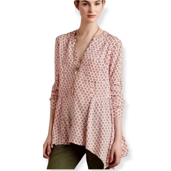 Anthropologie Maeve Red & Cream Long Sleeve Laiken Henley Blouse Size S - Picture 1 of 9
